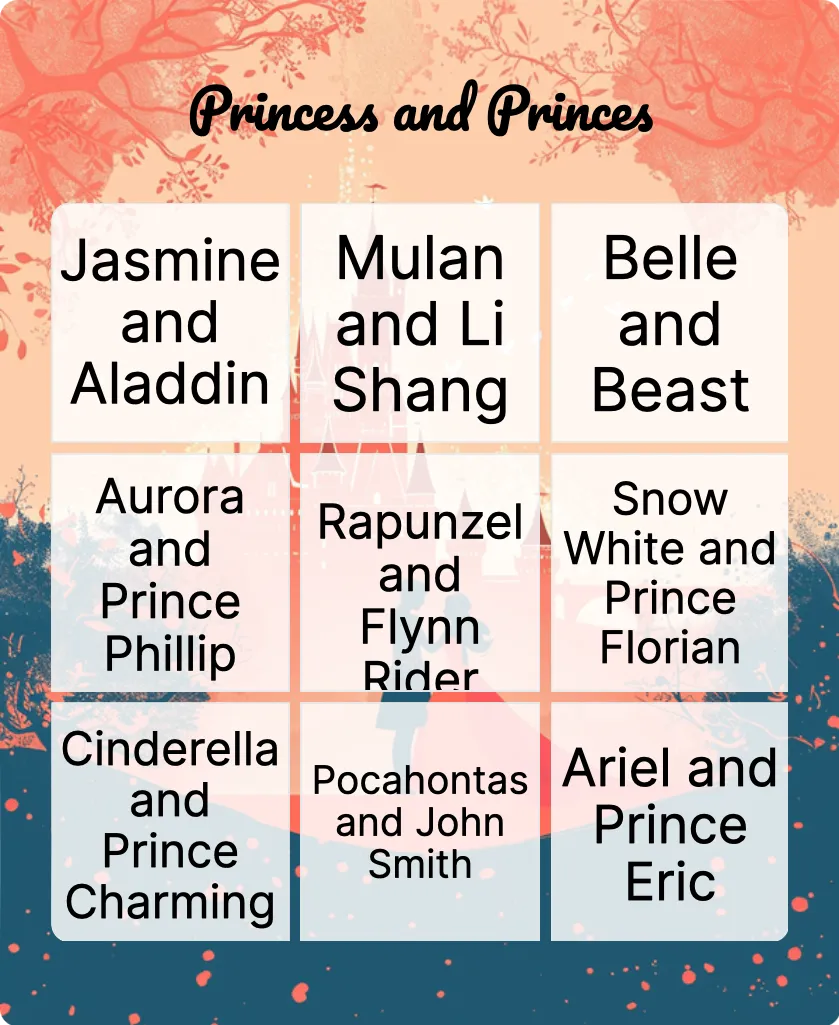 Princess and Princes bingo card template