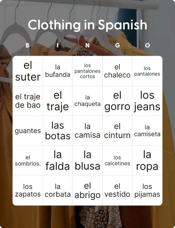 Clothing in Spanish bingo