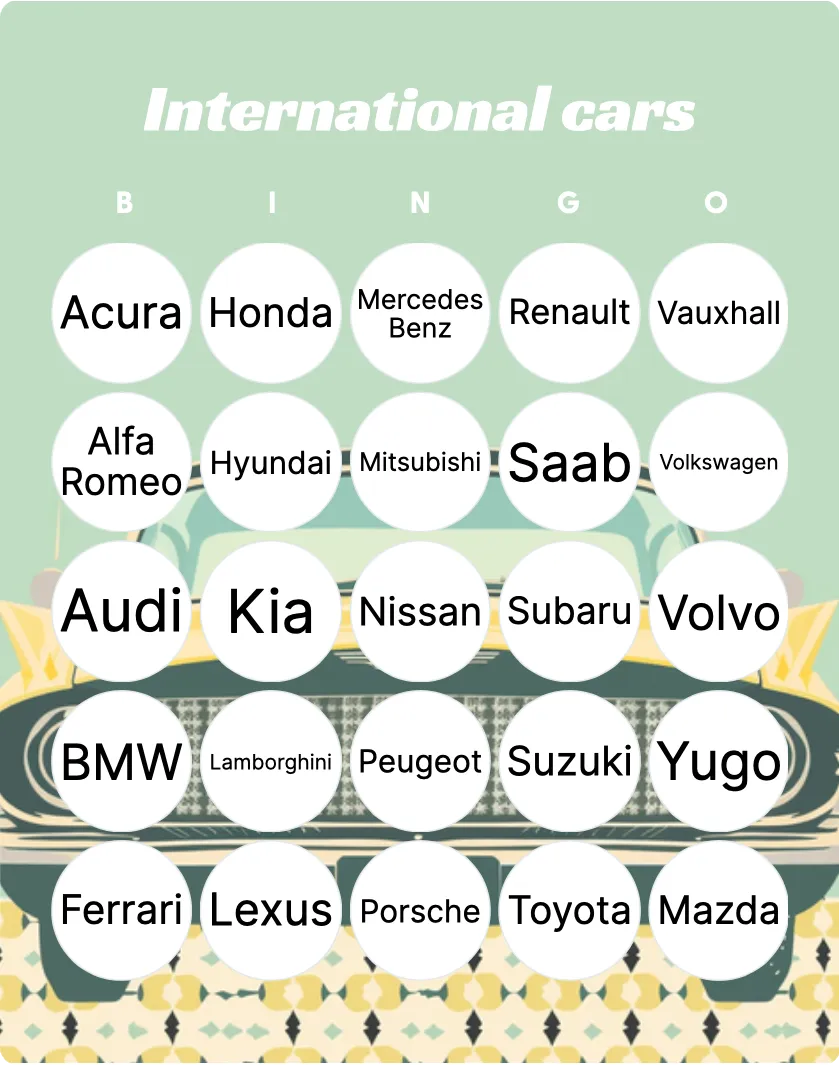 International cars bingo card template