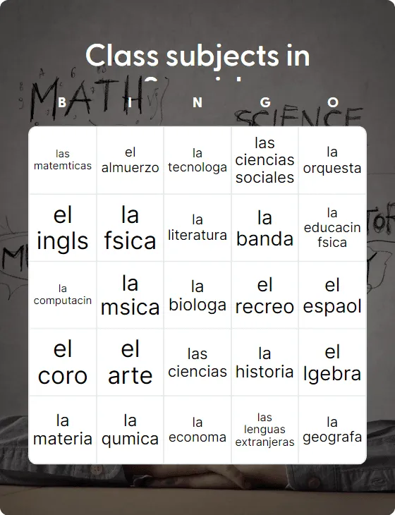 Class subjects in Spanish bingo