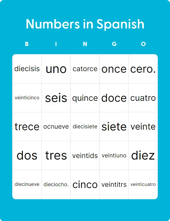Numbers in Spanish bingo