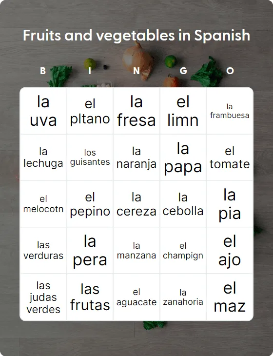 Fruits and vegetables in Spanish bingo