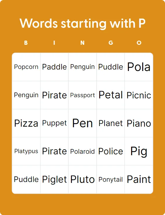 Words Starting With P Bingo Card Creator