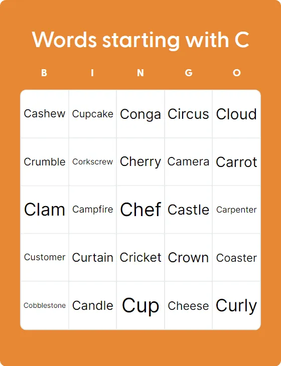 Words Starting With C Bingo Card Creator