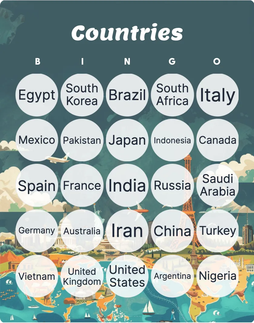 Countries bingo card template