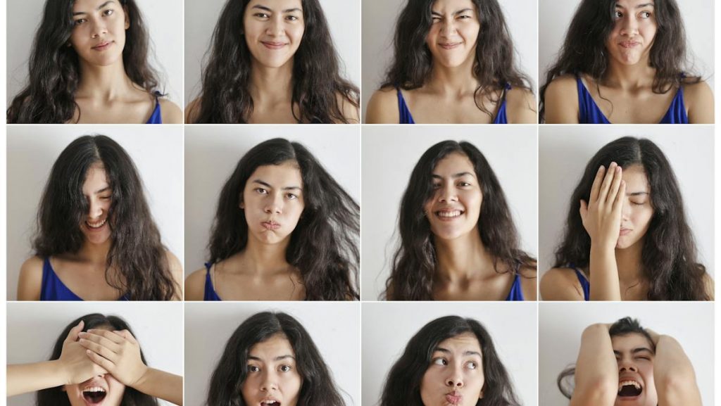 Collage of portraits of happy expressive lady with different cheerful expressions while looking at camera
