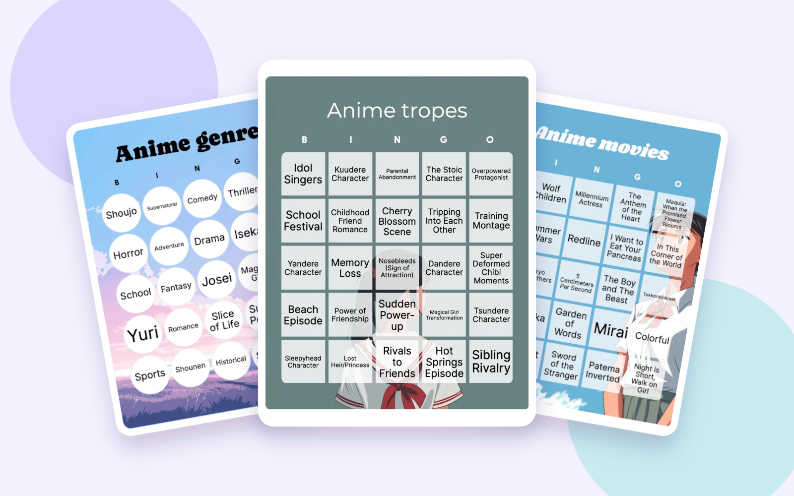 Three overlapping anime bingo card examples for tropes, genres, and movie titles