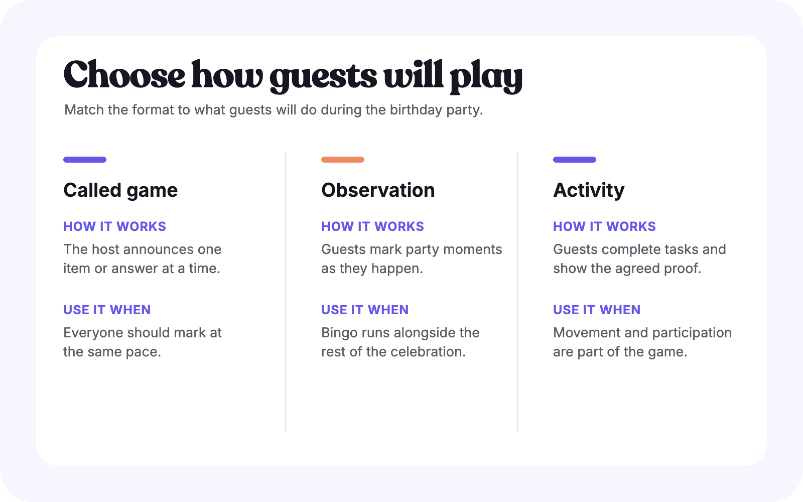 Comparison of called, observation, and activity birthday bingo.