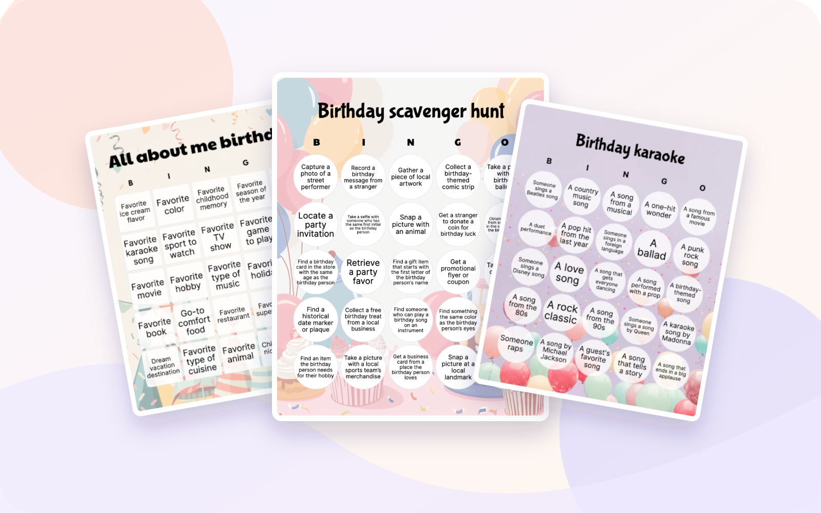 All about me birthday, Birthday scavenger hunt, and Birthday karaoke bingo cards.