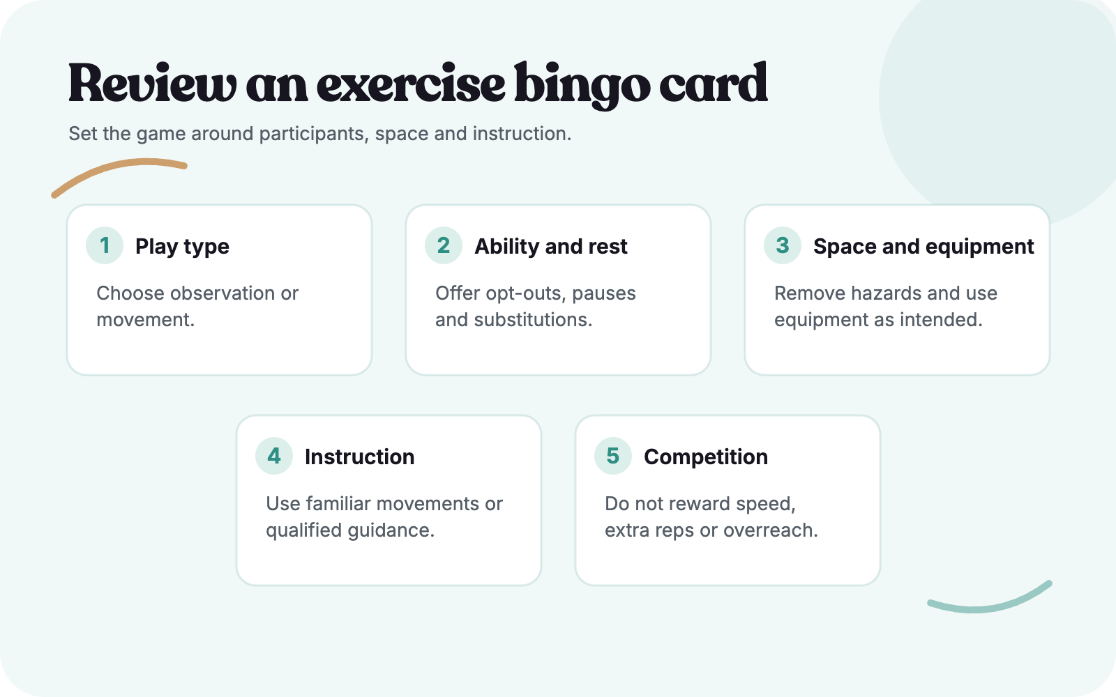 Five-point checklist for reviewing an exercise bingo card before play.