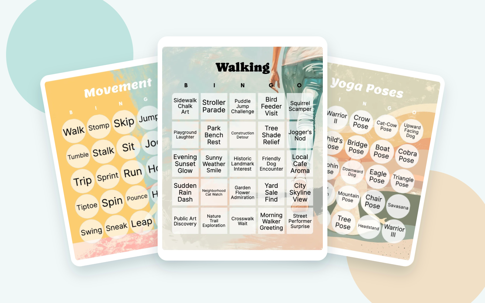 Three overlapping exercise bingo examples for movement, walking observations, and yoga poses