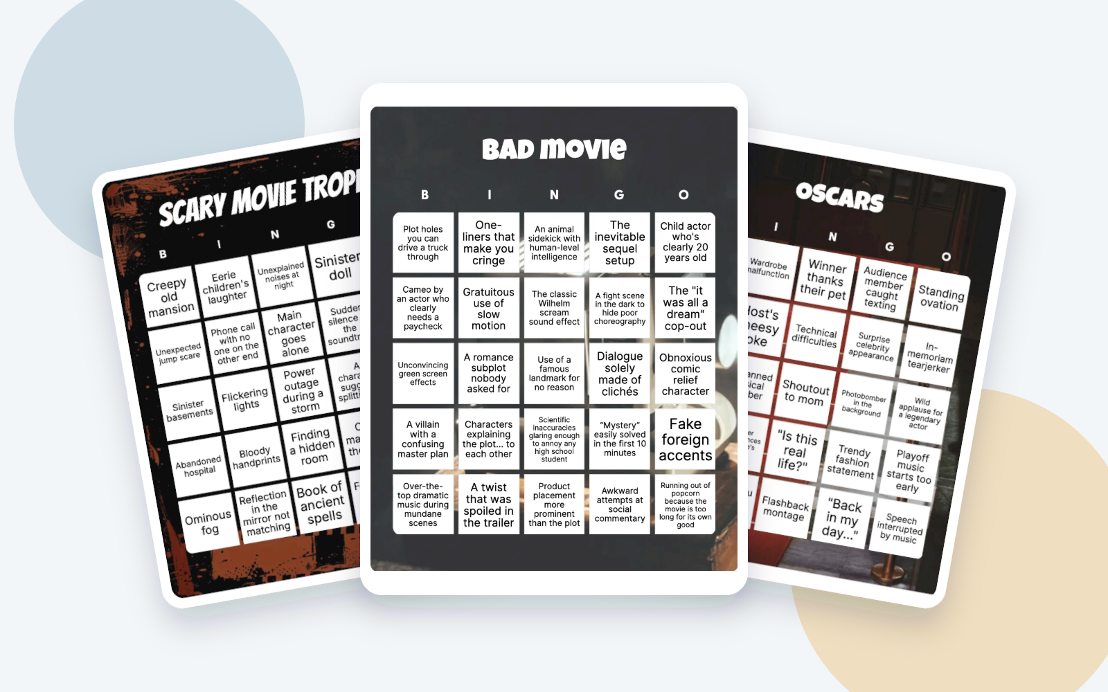 Three overlapping film and TV bingo examples for scary movie tropes, bad movies, and the Oscars