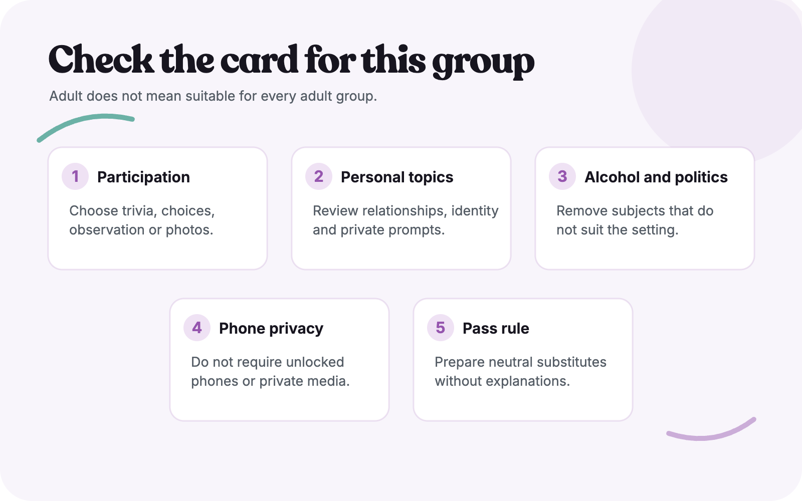 Five-point checklist for checking an adult bingo card against the group and setting.