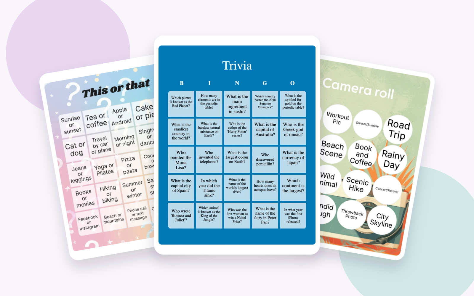 Three overlapping adult bingo examples for choices, trivia, and camera-roll prompts