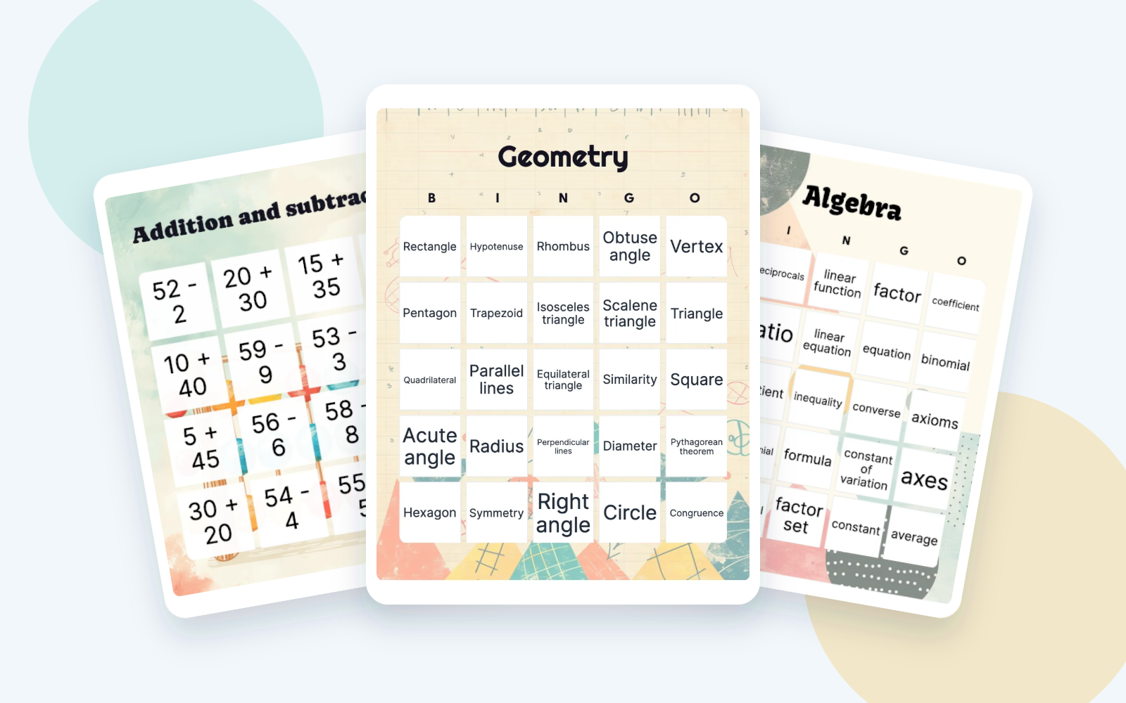 Three overlapping math bingo card examples for addition and subtraction, geometry, and algebra