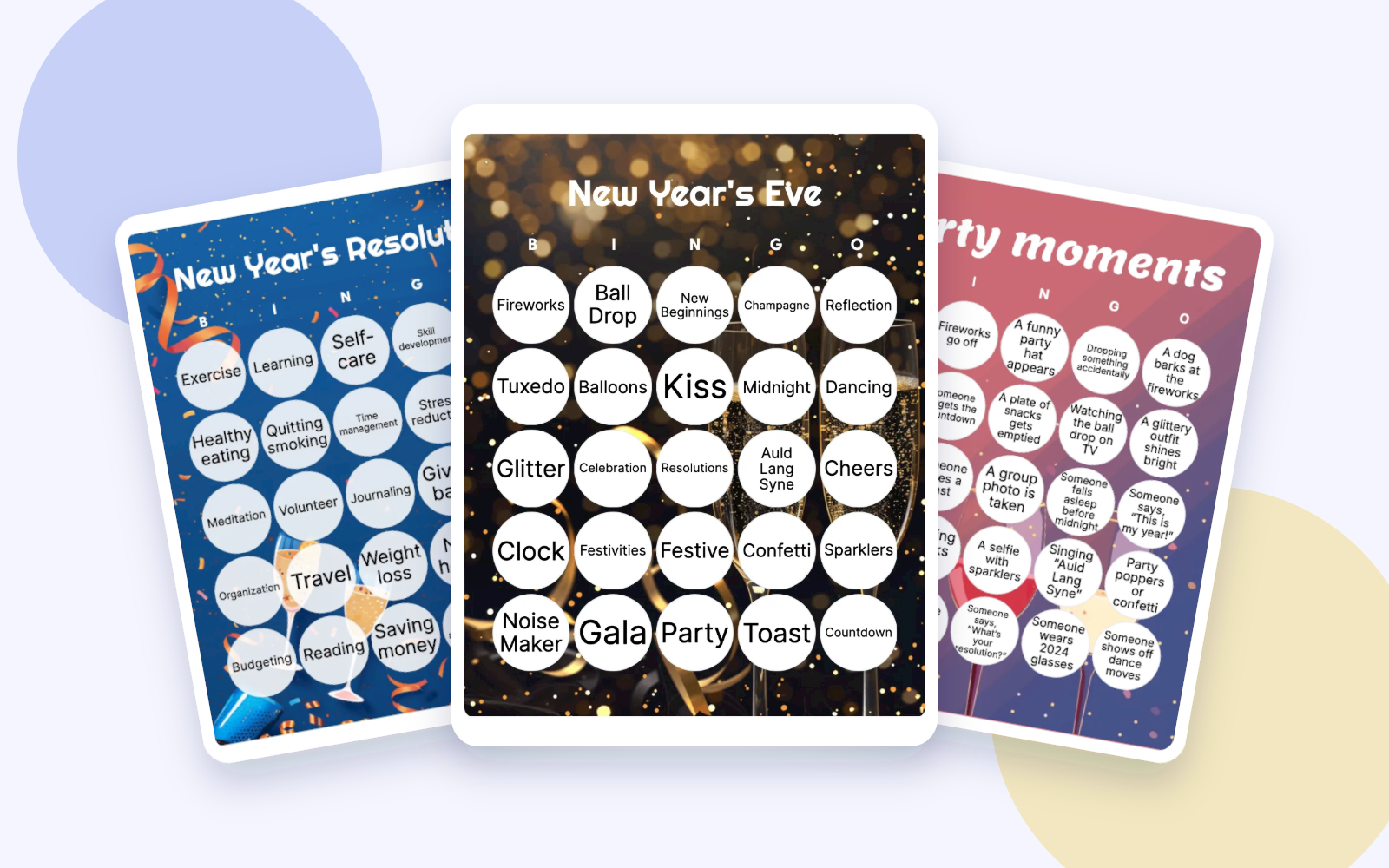 Three overlapping New Year's bingo examples for resolutions, celebration words, and party moments