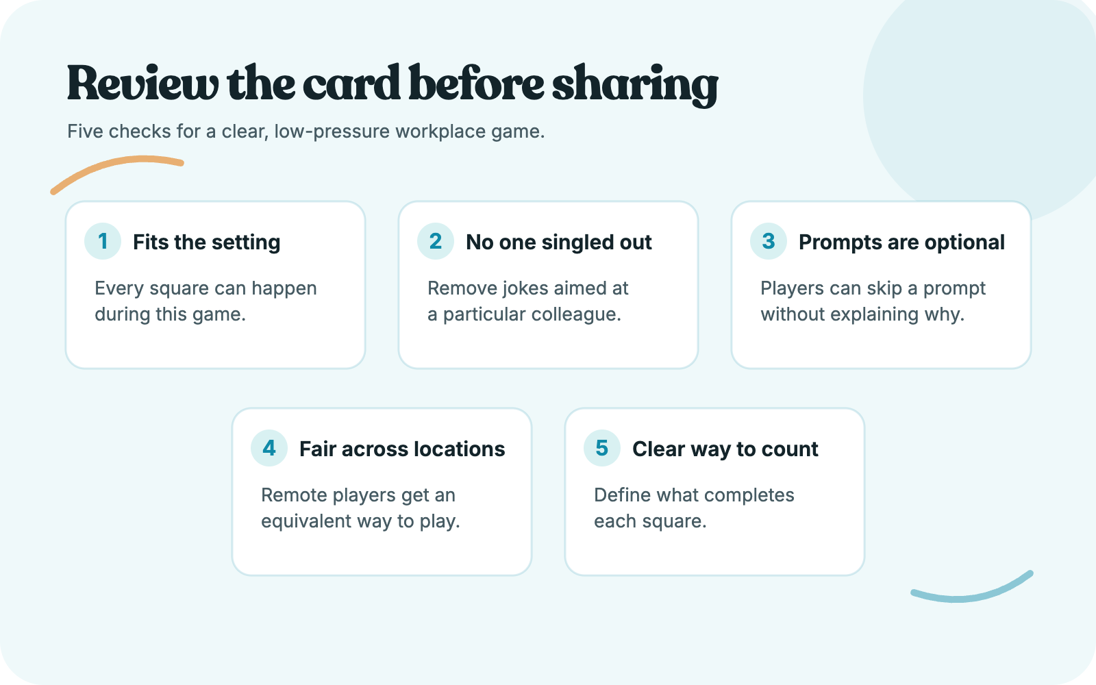 Checklist for reviewing an office bingo card before sharing.