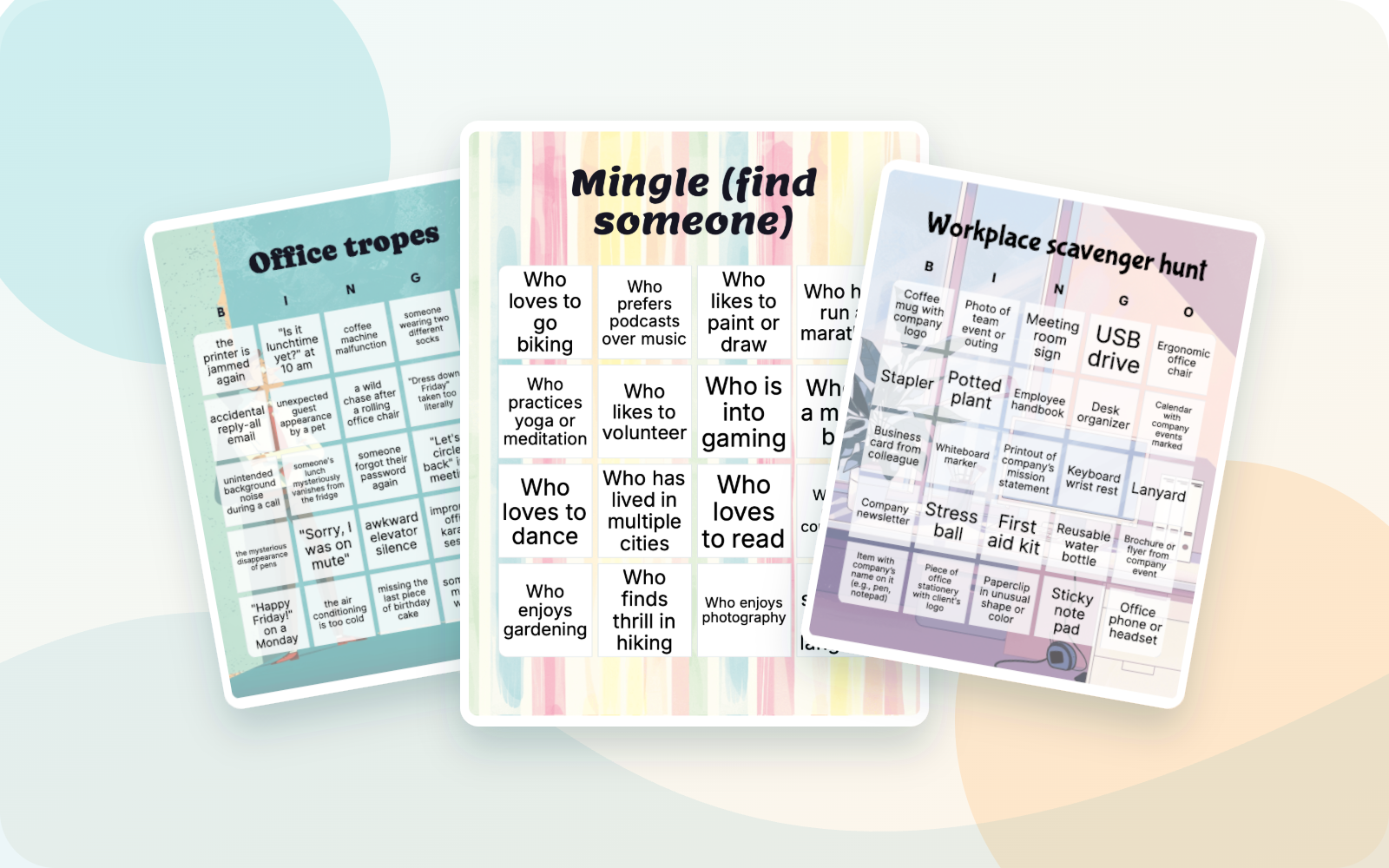 Office tropes, Mingle, and Workplace scavenger hunt bingo cards.