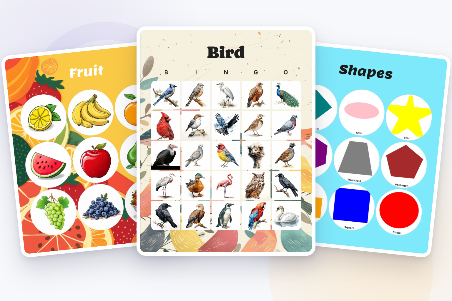 Fruit, bird, and shapes picture bingo card templates