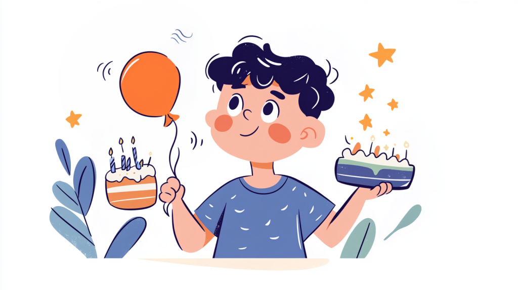 little boy with a cake and balloon