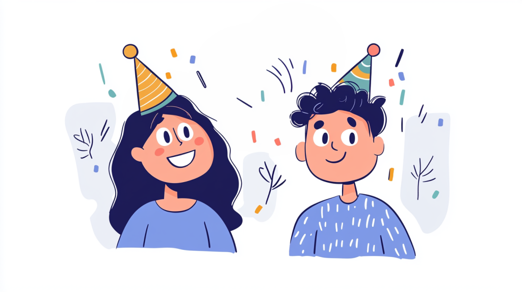 two characters wearing party hats