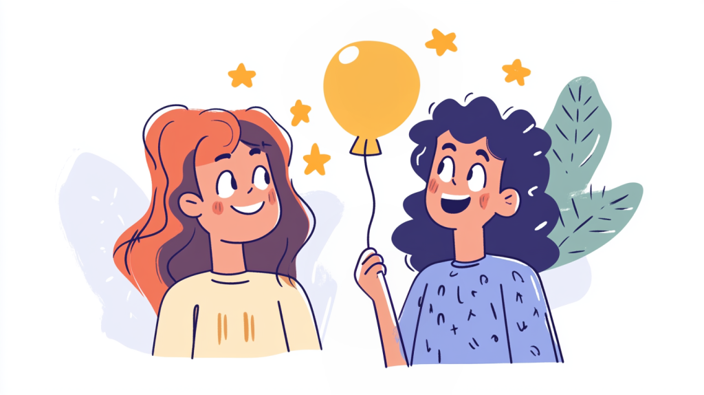 two characters holding balloon