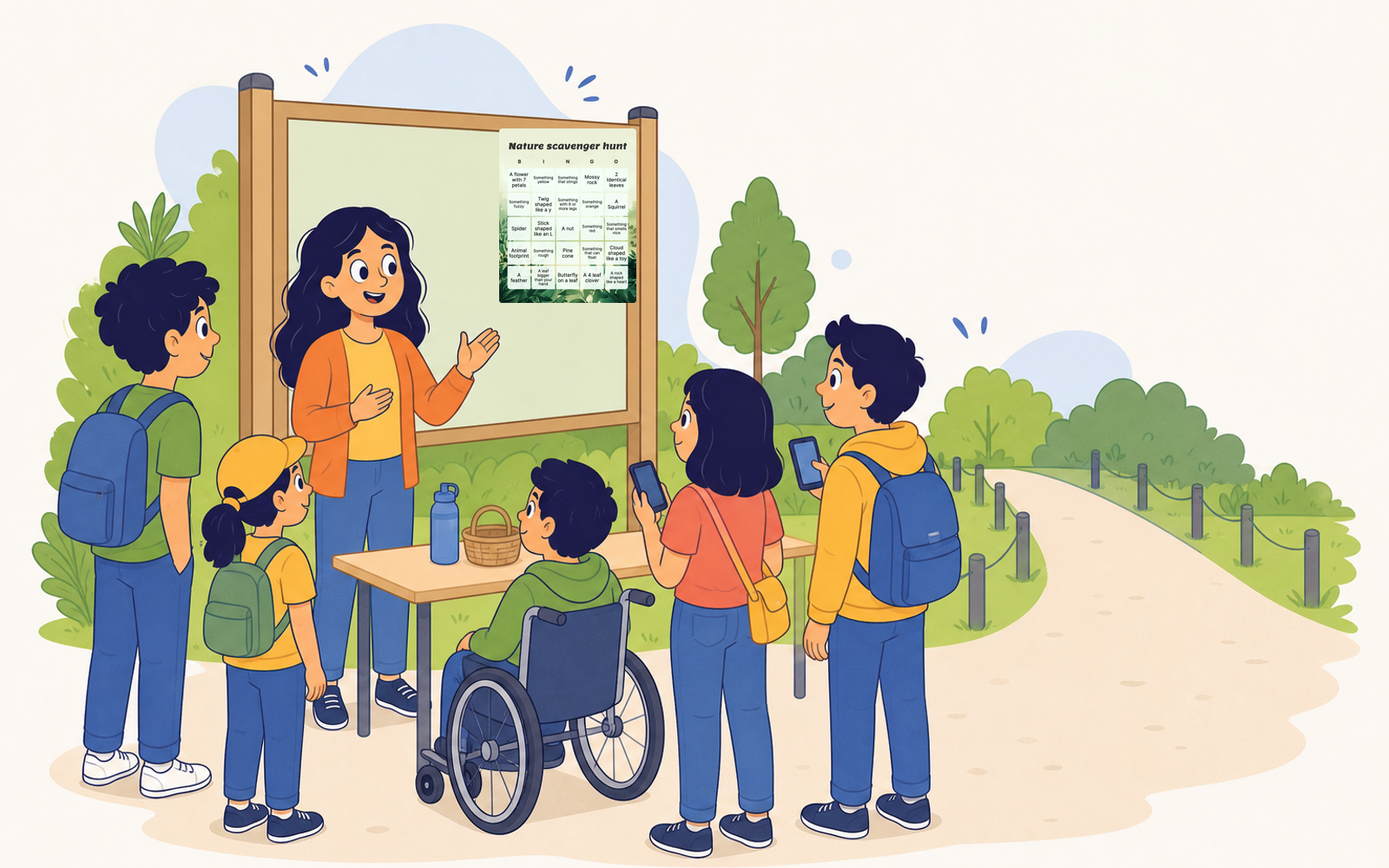Illustration of a scavenger hunt group receiving boundary instructions with a verified nature scavenger hunt card shown on the board