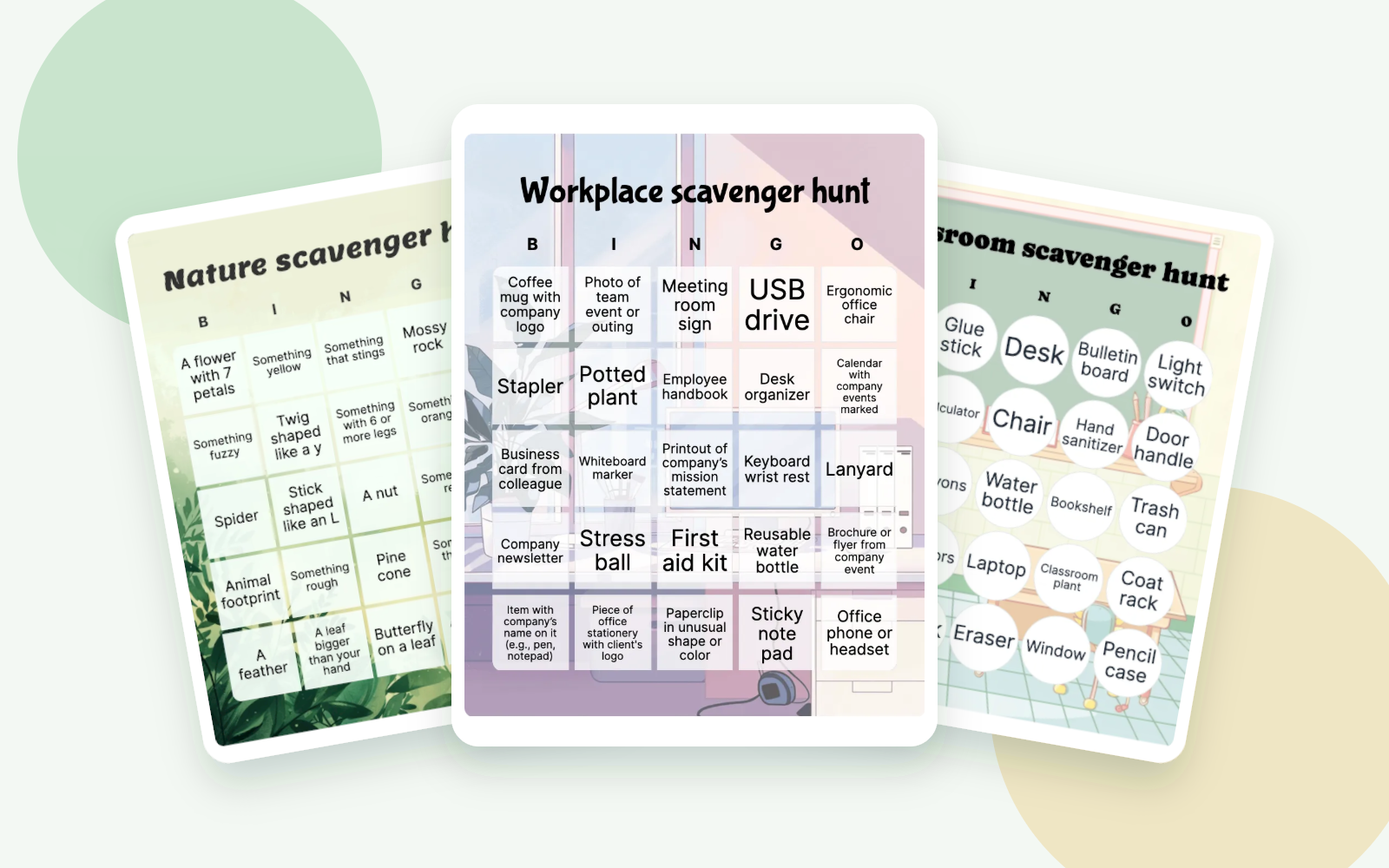 Three overlapping scavenger hunt bingo examples for nature, workplace, and classroom settings