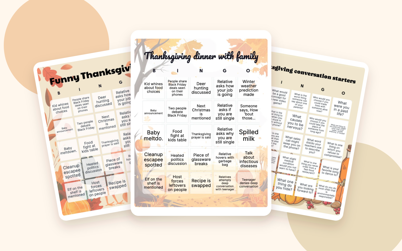 Three overlapping Thanksgiving bingo examples for humorous moments, family dinner, and conversation prompts
