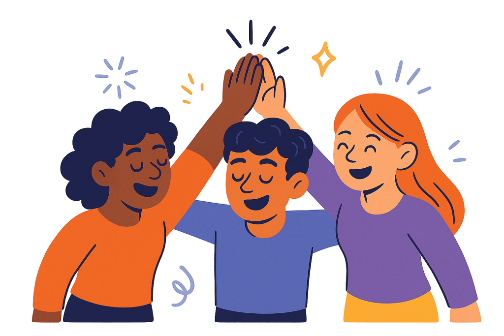 three characters cheering