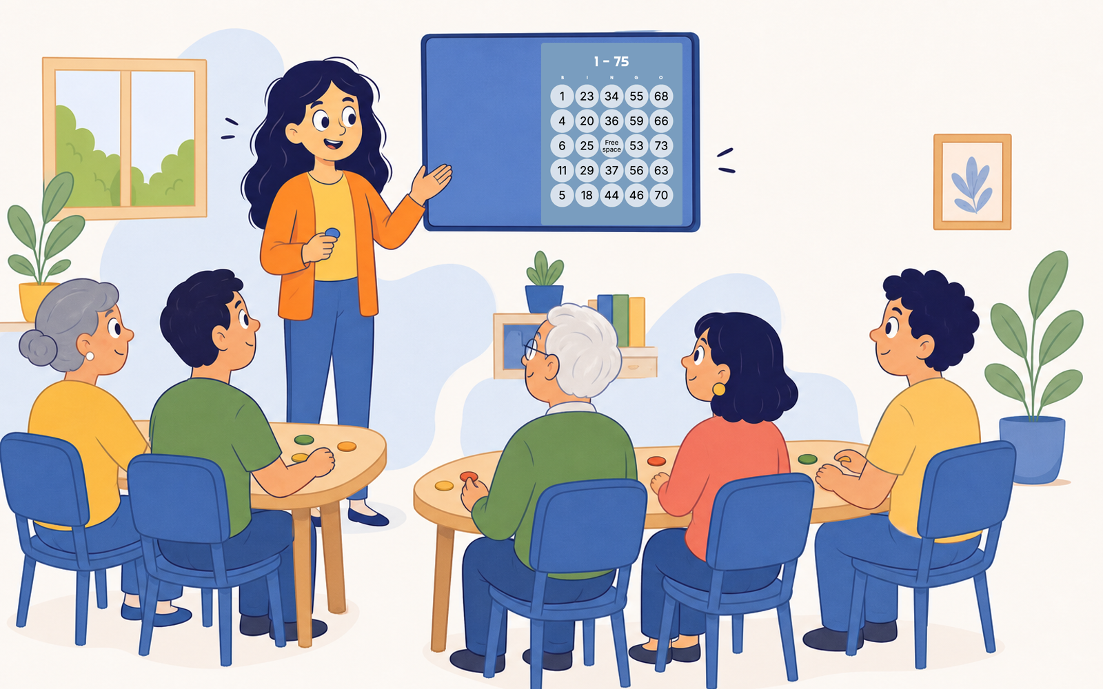 Illustration of a number bingo caller facing players with a verified 1-75 card shown on the display