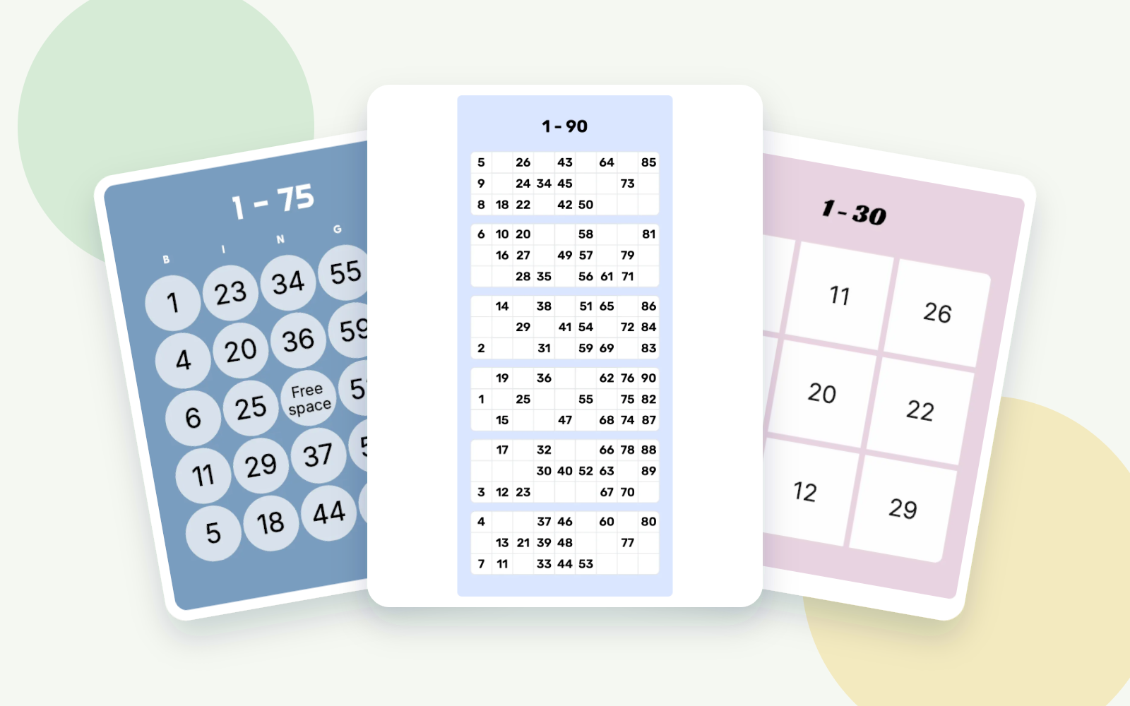 Three overlapping number bingo examples showing 1-75, 1-90, and 1-30 formats