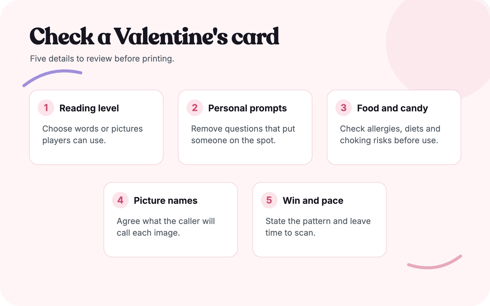 Five-point checklist for reviewing a Valentine's bingo card before printing.