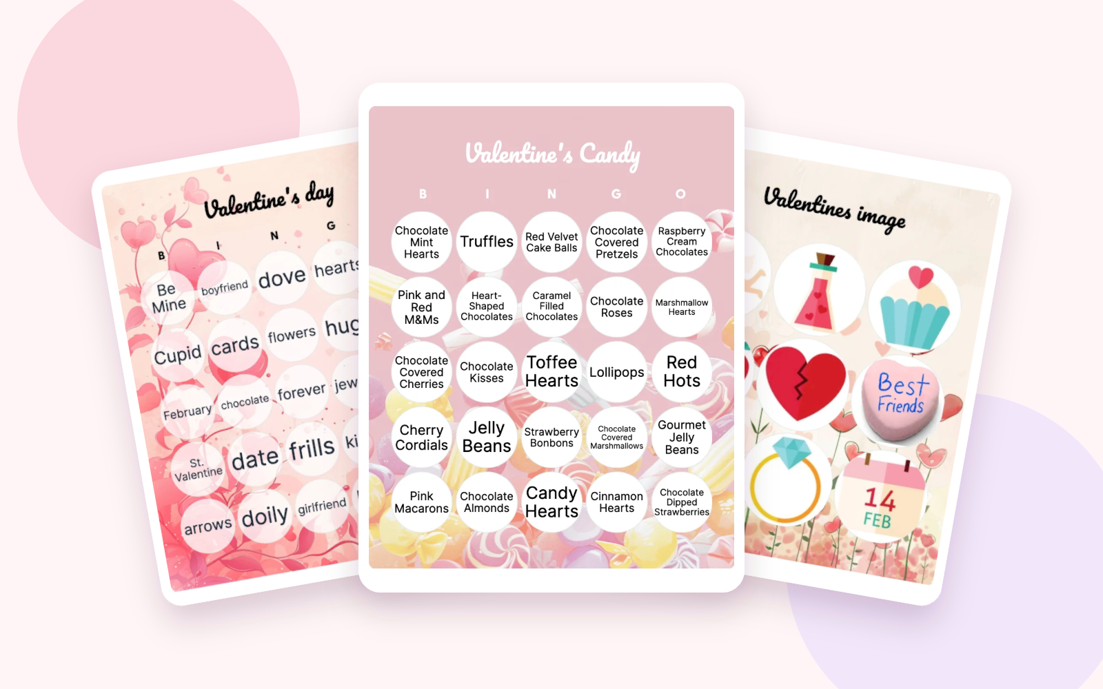 Three overlapping Valentine's bingo card examples using words, candy, and pictures